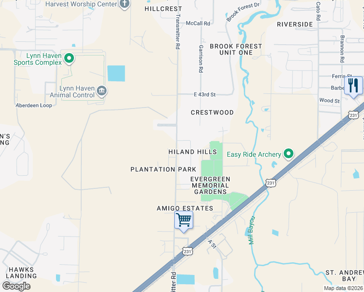 map of restaurants, bars, coffee shops, grocery stores, and more near 318 Hiland Drive in Panama City