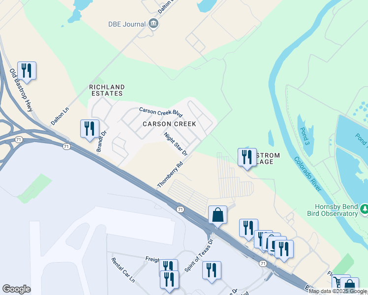 map of restaurants, bars, coffee shops, grocery stores, and more near 9604 Night Star Drive in Del Valle