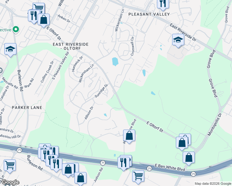 map of restaurants, bars, coffee shops, grocery stores, and more near 2701 Sunridge Drive in Austin
