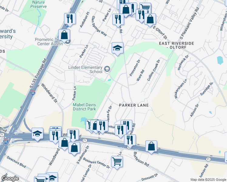 map of restaurants, bars, coffee shops, grocery stores, and more near 3102 Catalina Drive in Austin