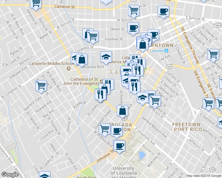 map of restaurants, bars, coffee shops, grocery stores, and more near 408 West Convent Street in Lafayette
