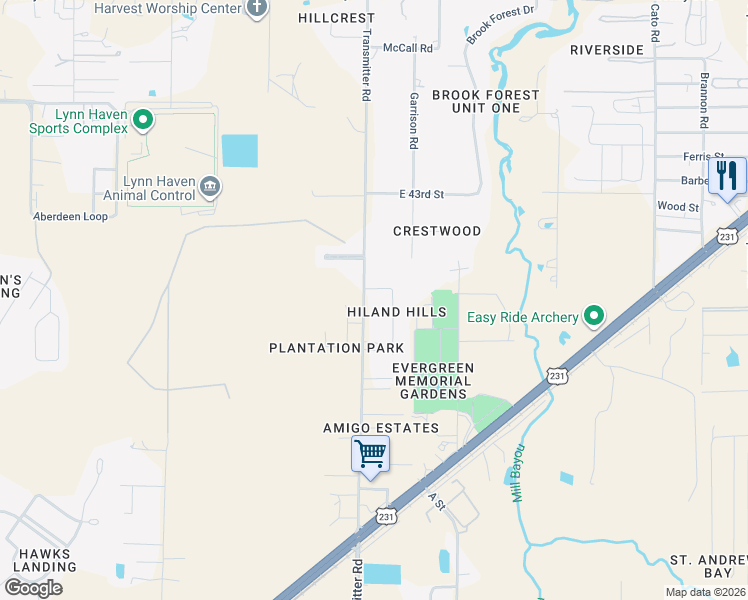 map of restaurants, bars, coffee shops, grocery stores, and more near 318 Hiland Drive in Panama City