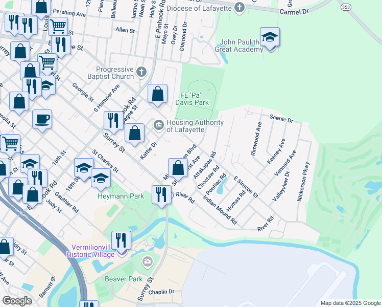 map of restaurants, bars, coffee shops, grocery stores, and more near 122 Michael Allen Boulevard in Lafayette