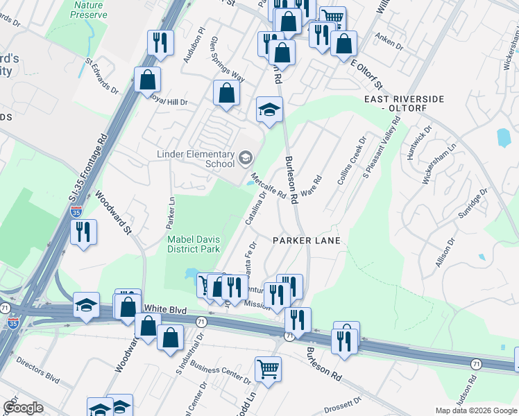 map of restaurants, bars, coffee shops, grocery stores, and more near 3102 Catalina Drive in Austin