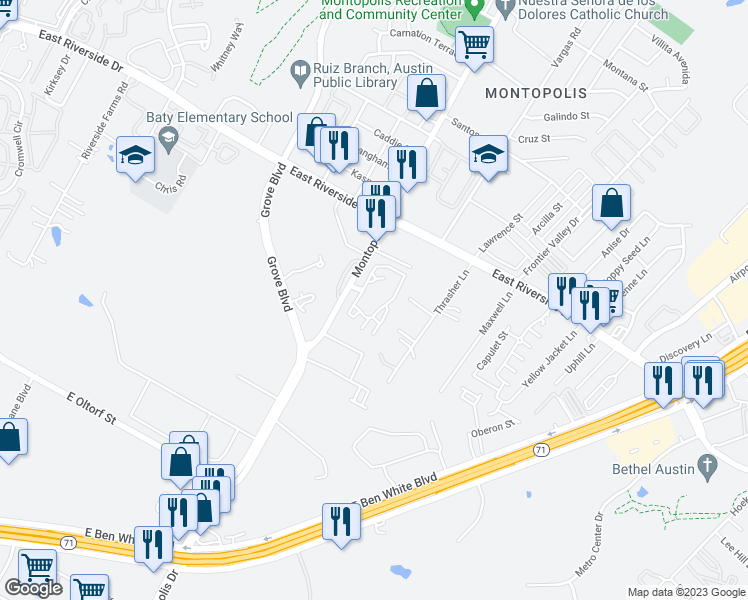 map of restaurants, bars, coffee shops, grocery stores, and more near 2201 Montopolis Drive in Austin