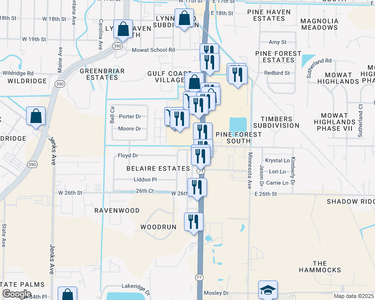 map of restaurants, bars, coffee shops, grocery stores, and more near 2346 Johnson Drive in Lynn Haven