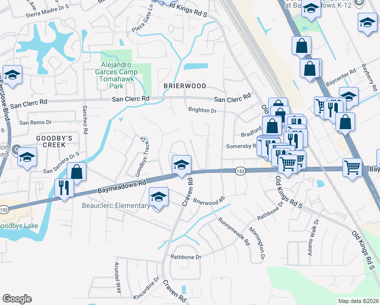 map of restaurants, bars, coffee shops, grocery stores, and more near 8651 Deermoss Way East in Jacksonville