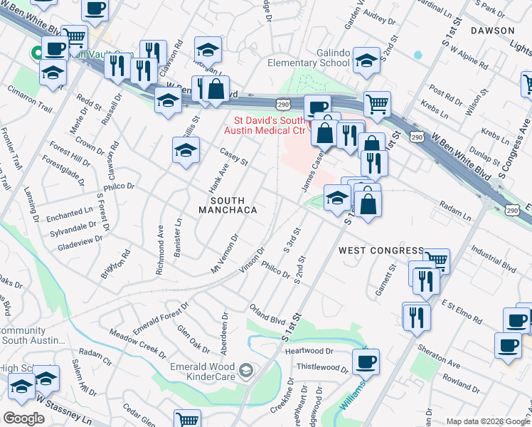 map of restaurants, bars, coffee shops, grocery stores, and more near 903 Plateau Circle in Austin