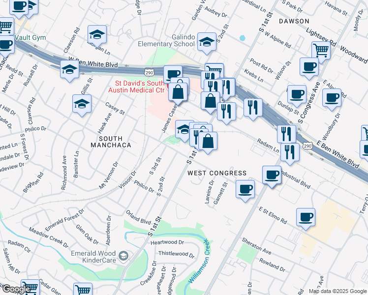 map of restaurants, bars, coffee shops, grocery stores, and more near 600 West Saint Elmo Road in Austin