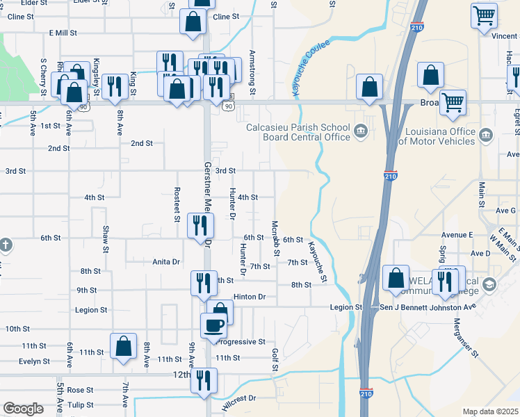 map of restaurants, bars, coffee shops, grocery stores, and more near 1209 Summit St in Lake Charles