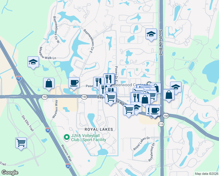 map of restaurants, bars, coffee shops, grocery stores, and more near 9551 Baymeadows Road in Jacksonville