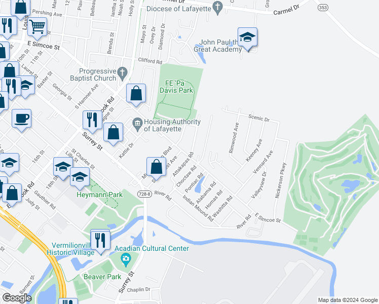 map of restaurants, bars, coffee shops, grocery stores, and more near 2819 East Simcoe Street in Lafayette