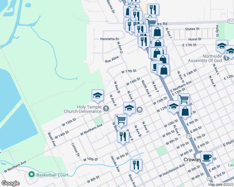 map of restaurants, bars, coffee shops, grocery stores, and more near 1515 North Avenue B in Crowley