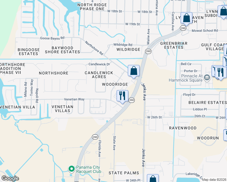 map of restaurants, bars, coffee shops, grocery stores, and more near 4010 Woodridge Road in Panama City