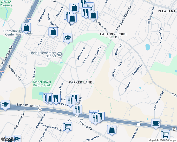 map of restaurants, bars, coffee shops, grocery stores, and more near 3105 Collins Creek Drive in Austin