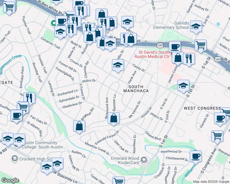 map of restaurants, bars, coffee shops, grocery stores, and more near 4603 Richmond Avenue in Austin
