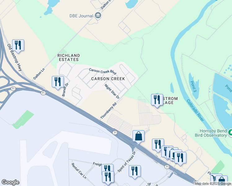 map of restaurants, bars, coffee shops, grocery stores, and more near 9604 Night Star Drive in Del Valle