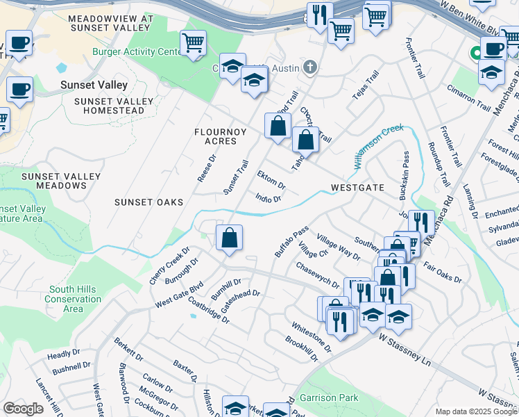 map of restaurants, bars, coffee shops, grocery stores, and more near 5305 Indio Cove in Austin