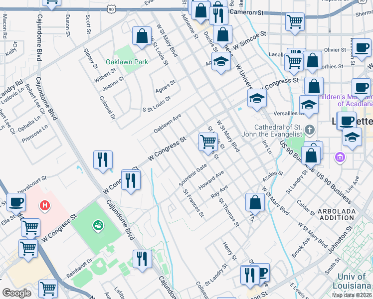map of restaurants, bars, coffee shops, grocery stores, and more near 748 Saint Thomas Street in Lafayette