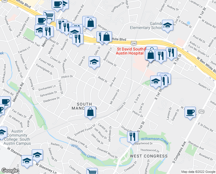 map of restaurants, bars, coffee shops, grocery stores, and more near 4504 Jinx Avenue in Austin