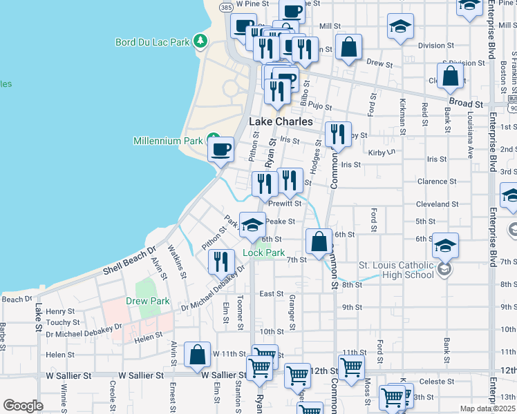 map of restaurants, bars, coffee shops, grocery stores, and more near 1312 Ryan Street in Lake Charles
