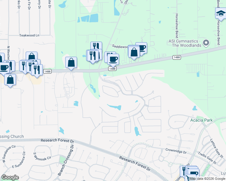map of restaurants, bars, coffee shops, grocery stores, and more near 211 Kimblewick Way in Spring