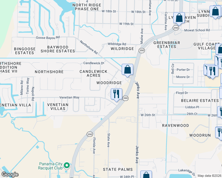 map of restaurants, bars, coffee shops, grocery stores, and more near 4010 Woodridge Road in Panama City