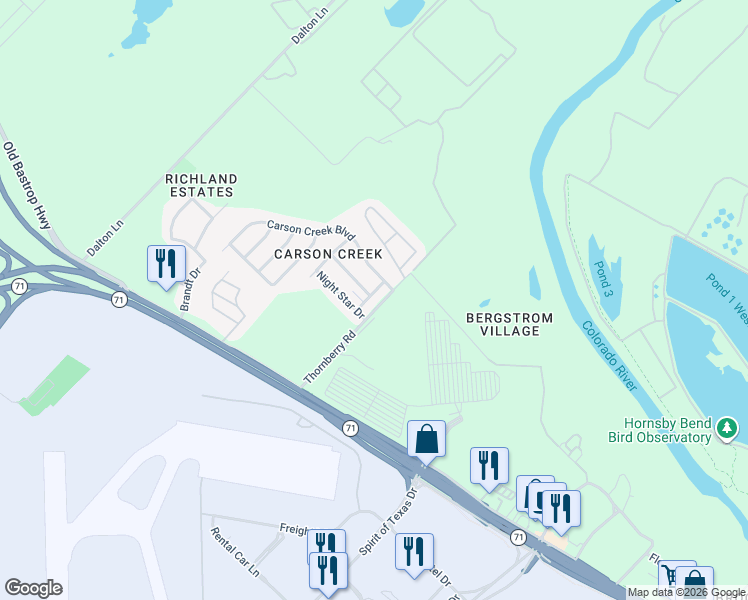 map of restaurants, bars, coffee shops, grocery stores, and more near 1403 Warrior Lane in Del Valle