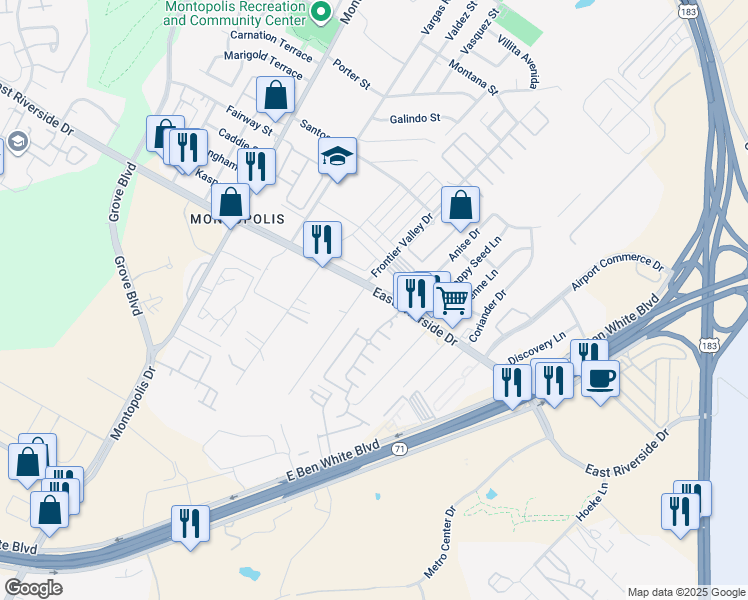 map of restaurants, bars, coffee shops, grocery stores, and more near 2005 Maxwell Lane in Austin