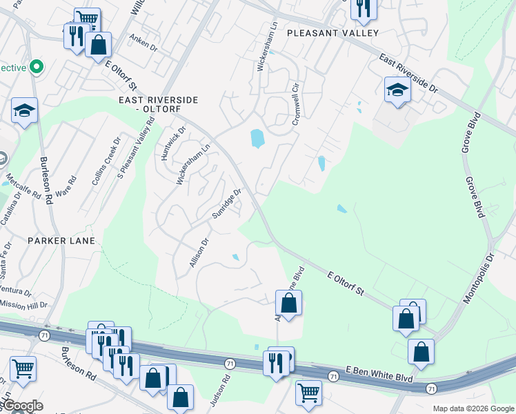 map of restaurants, bars, coffee shops, grocery stores, and more near 2701 Sunridge Drive in Austin