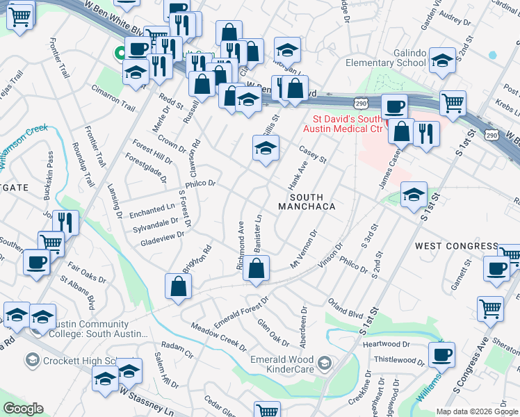 map of restaurants, bars, coffee shops, grocery stores, and more near 4603 Richmond Avenue in Austin