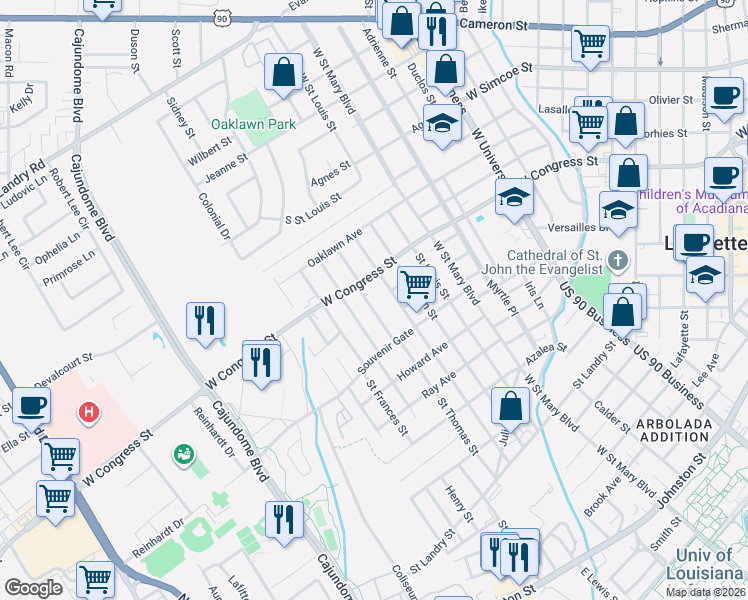map of restaurants, bars, coffee shops, grocery stores, and more near 748 Saint Thomas Street in Lafayette