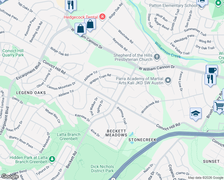 map of restaurants, bars, coffee shops, grocery stores, and more near 5503 Camp Fire Trail in Austin