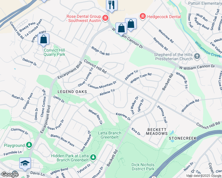 map of restaurants, bars, coffee shops, grocery stores, and more near 5808 Abilene Trail in Austin