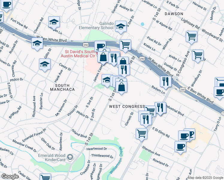 map of restaurants, bars, coffee shops, grocery stores, and more near 4316 1/2 South 1st Street in Austin