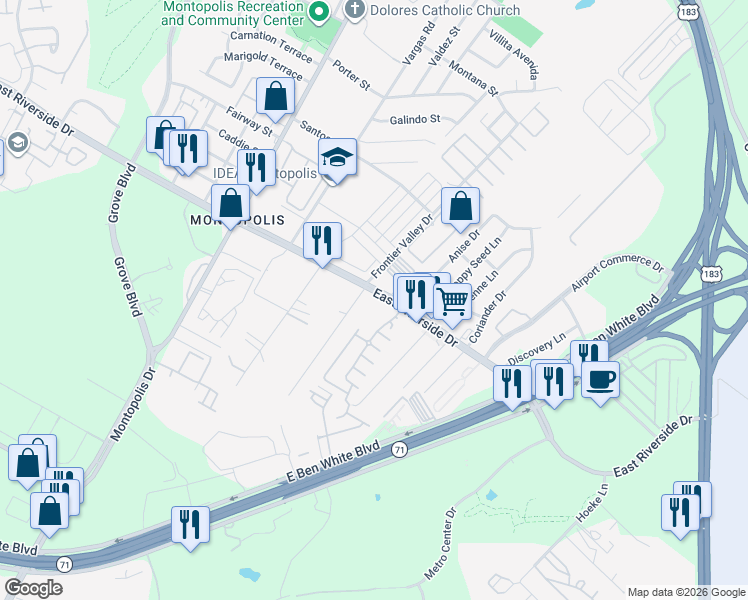 map of restaurants, bars, coffee shops, grocery stores, and more near 2005 Maxwell Lane in Austin