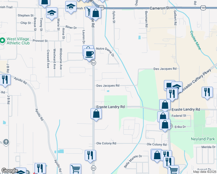 map of restaurants, bars, coffee shops, grocery stores, and more near 124 Des Jacques Road in Lafayette