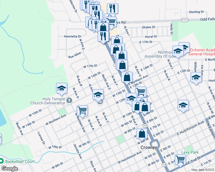 map of restaurants, bars, coffee shops, grocery stores, and more near 1326-1398 N Ave East in Crowley