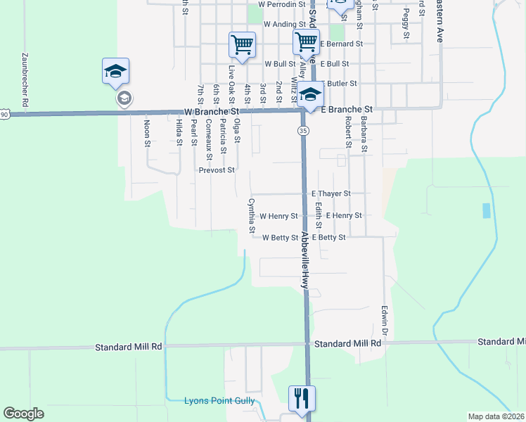 map of restaurants, bars, coffee shops, grocery stores, and more near 118 West Henry Street in Rayne