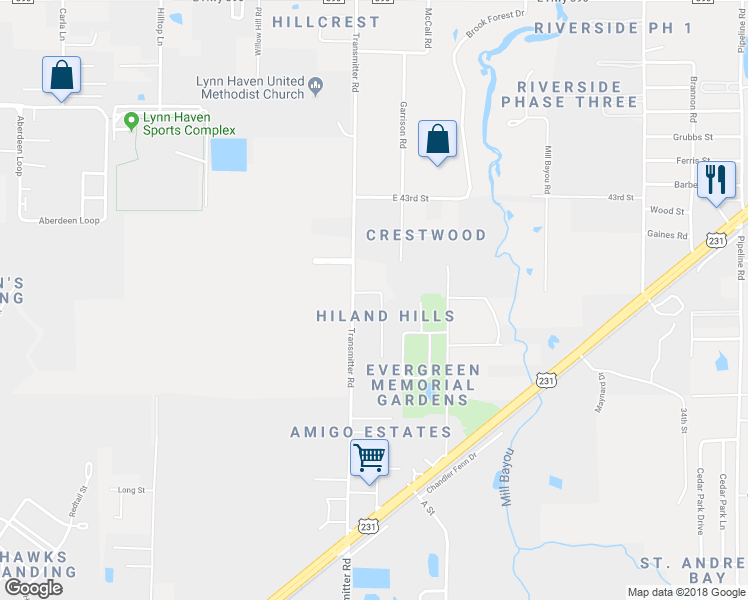 map of restaurants, bars, coffee shops, grocery stores, and more near 318 Hiland Drive in Panama City