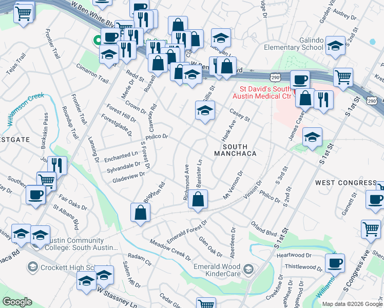 map of restaurants, bars, coffee shops, grocery stores, and more near 4603 Richmond Avenue in Austin