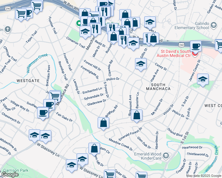map of restaurants, bars, coffee shops, grocery stores, and more near 4702 Clawson Road in Austin