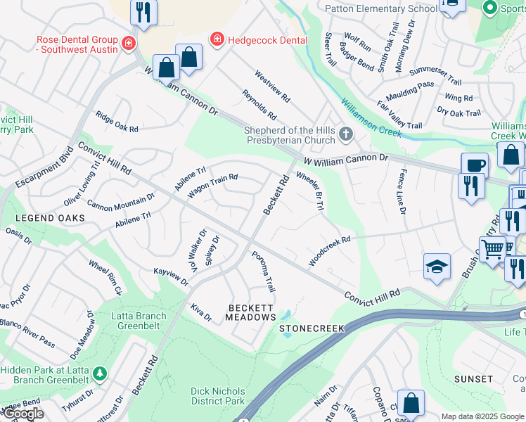 map of restaurants, bars, coffee shops, grocery stores, and more near 7202 Beckett Road in Austin