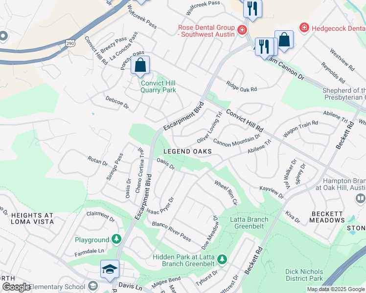 map of restaurants, bars, coffee shops, grocery stores, and more near 6204 Oliver Loving Trail in Austin