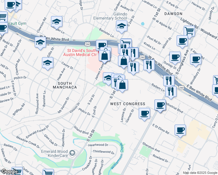 map of restaurants, bars, coffee shops, grocery stores, and more near 600 West Saint Elmo Road in Austin