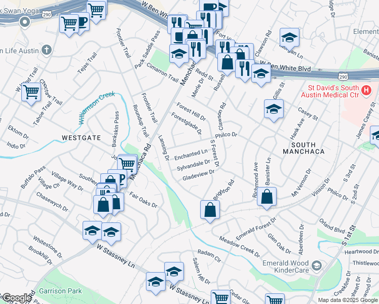 map of restaurants, bars, coffee shops, grocery stores, and more near 4806 Enchanted Lane in Austin