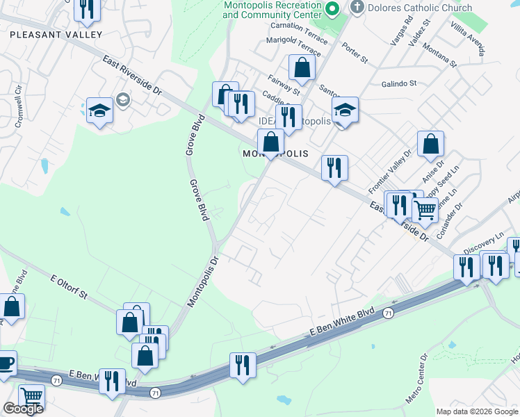 map of restaurants, bars, coffee shops, grocery stores, and more near 2201 Montopolis Drive in Austin