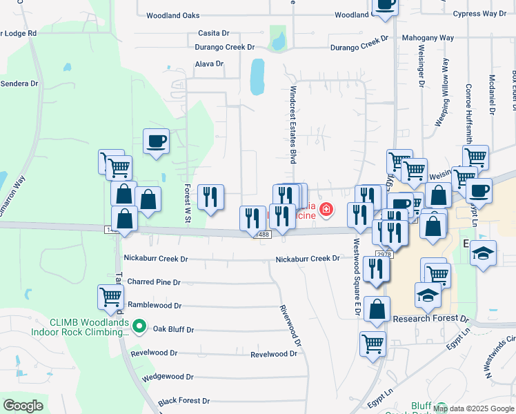 map of restaurants, bars, coffee shops, grocery stores, and more near 7002 Forest Meadow in Magnolia