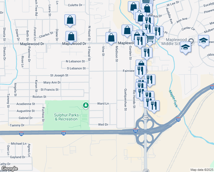map of restaurants, bars, coffee shops, grocery stores, and more near 215 Vine Street in Sulphur