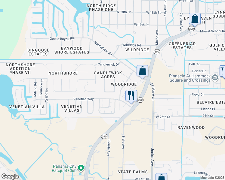 map of restaurants, bars, coffee shops, grocery stores, and more near 128 Candlewick Circle in Panama City